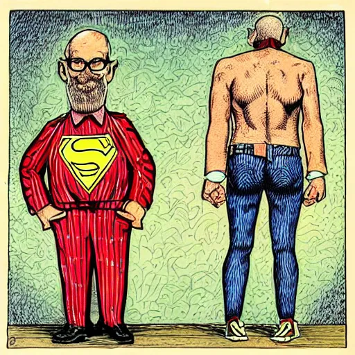 Image similar to The Artwork of R. Crumb and his Cheap Suit Jewish Superman, pencil and colored marker artwork, trailer-trash lifestyle