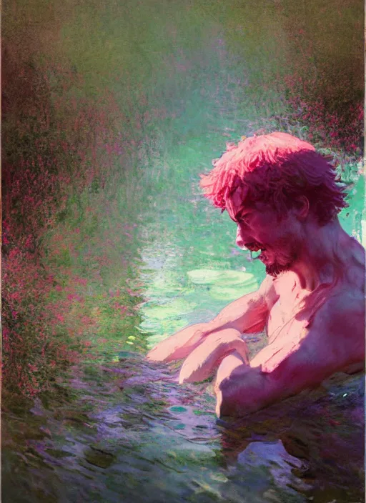 Image similar to sam hyde emerging from pink water by greg rutkowski, claude monet, conrad roset, takato yomamoto, rule of thirds, sigma look, beautiful