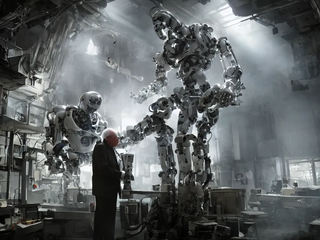 Image similar to bernie sanders putting the finishing touches on a scifi doomsday robot, cinematic moody lighting, led lighting, sharp focus, dirty smoky laboratory, imax