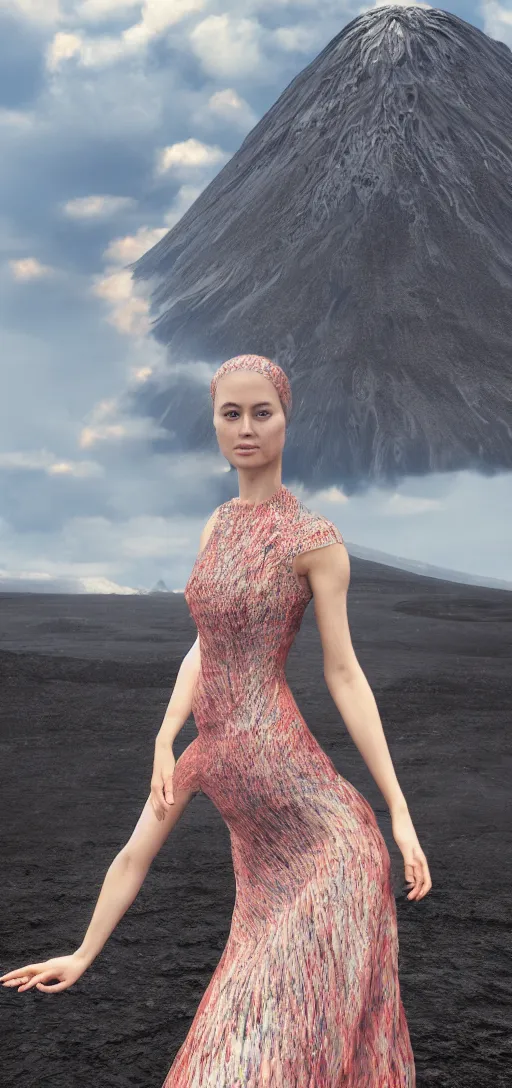 Image similar to a beautiful hyperrealistic ultradetailed 3D render ,one girl in a magnificent dress stands near a volcano, voge photo, fashion style, Annie Leibovitz photostyle, afar, fullbody, in full growth, photorealistic, high resolution, trending on artstation, highly detailed, volumetric lighting, octane render, wide angle,artstation, concept art, master illustration, elegant, details, good clear quality, volumetric lighting,