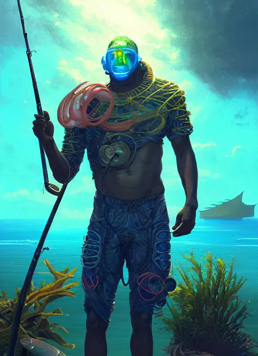 Image similar to portrait of a male jamaican fisherman sci - fi glowing fishing armor fishing rod cyberpunk muscular intricate elegant highly detailed digital painting artstation concept art, ocean background, reggae colors, cinematic, greg rutkowski, loish, rhads, ferdinand knab, makoto shinkai and lois van baarle, ilya kuvshinov, rossdraws, tom bagshaw