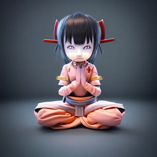 Prompt: a tiny adorable demonic samurai meditating, wrapped in sacred parchment with glowing text, substance 3 d painter, cinematic, hyper realism, high detail, octane render, unreal engine, 8 k, high contrast, art by shintaro kago and moebius, overwatch character, aperture f 2. 8