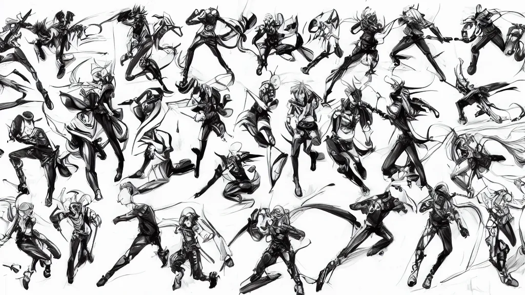 Image similar to anime dynamic action poses sketch sheet, trending on artstation