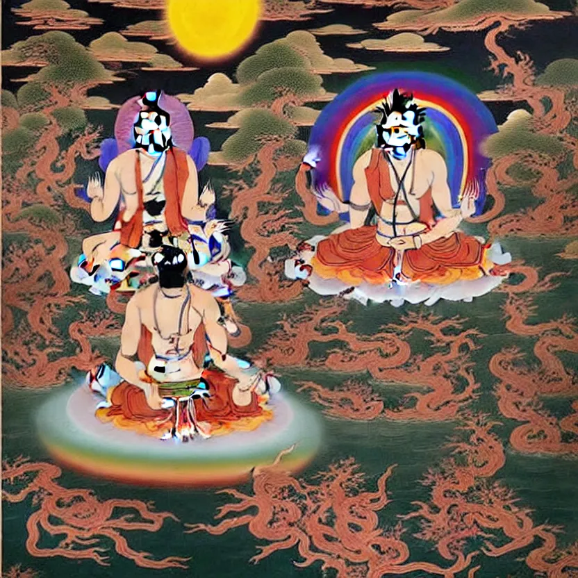 Prompt: a sacred painting of a beautiful flesh - eating timikawa with rainbow fur eating a screaming man, sitting on chair made of human limbs, the chair is floating in a lake of blood, surrounding the lake are melting trees, tibetan thangka, nightmare scene, supernatural, highly detailed, creepy, terrifying