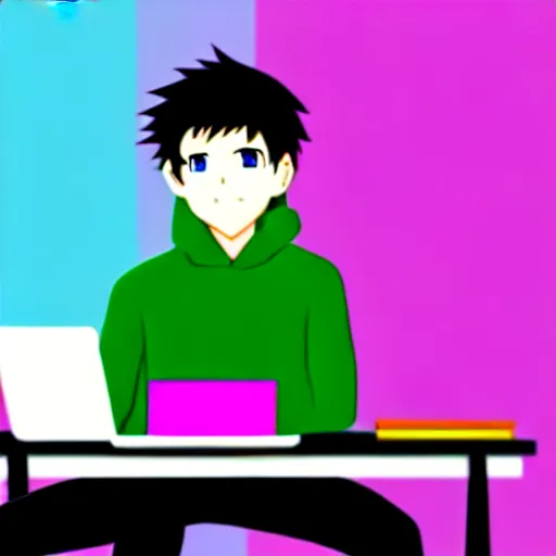 Image similar to a smart teenager boy with a black hoodie sitting behind his laptop and programming, digital art, anime style