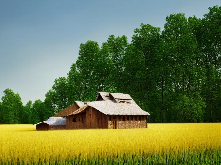 Image similar to hyperrealism photography of beautiful detailed eco house around the forest in small ukrainian village by taras shevchenko and wes anderson, wheat field behind the house