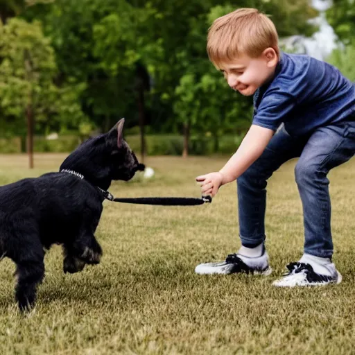 Image similar to a short young man named hunter playing with his black and white dog