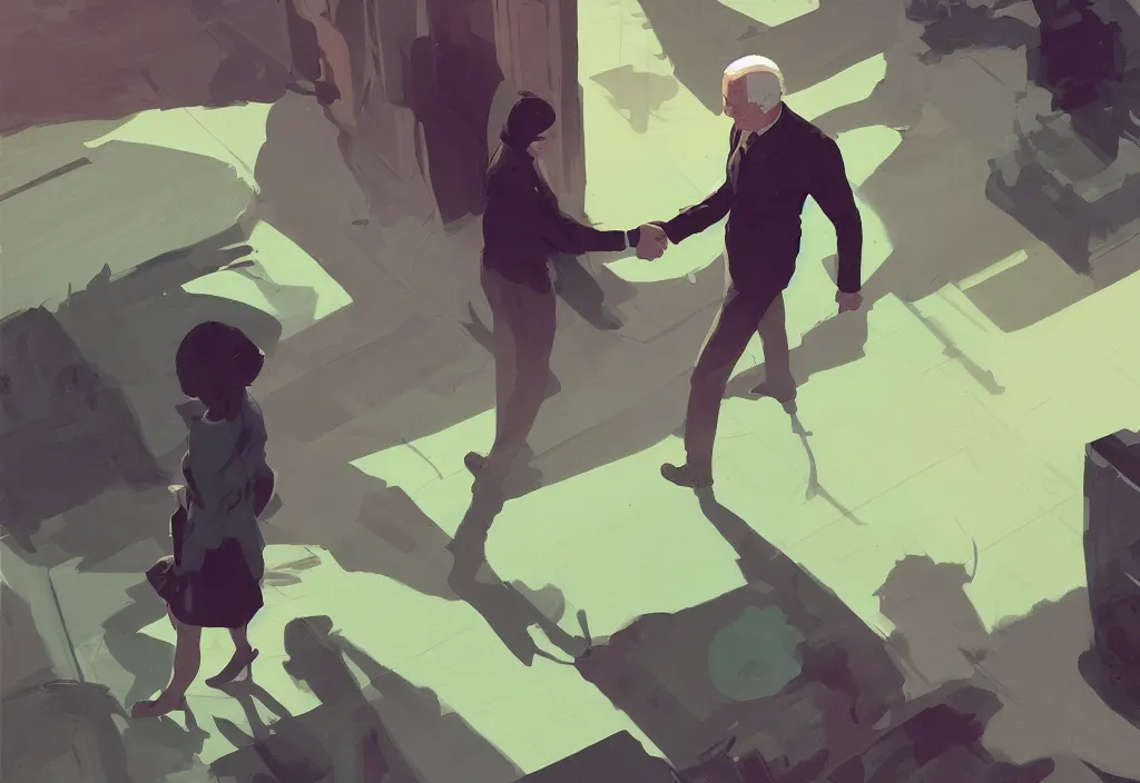 Image similar to joe biden and anya taylor - joy shaking hands, by atey ghailan, by greg rutkowski, by greg tocchini, by james gilleard, by joe gb fenton, dynamic lighting, gradient light green, brown, blonde cream, salad and white colors in scheme, grunge aesthetic