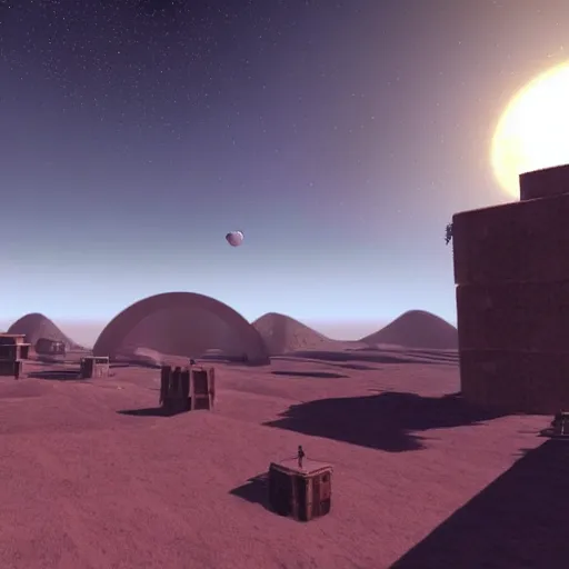 Prompt: a floating city hovering over a desert landscape, screenshot from the video game myst