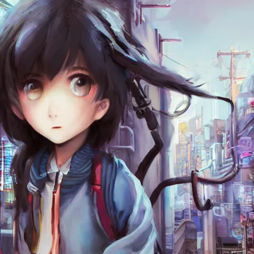 Image similar to dynamic composition, motion, ultra-detailed, incredibly detailed, a lot of details, amazing fine details and brush strokes, colorful and grayish palette, smooth, HD semirealistic anime CG concept art digital painting, watercolor oil painting of Clean and detailed post-cyberpunk sci-fi close-up schoolgirl in asian city in style of cytus and deemo, blue flame, relaxing, calm and mysterious vibes,, by a Chinese artist at ArtStation, by Huang Guangjian, Fenghua Zhong, Ruan Jia, Xin Jin and Wei Chang. Realistic artwork of a Chinese videogame, gradients, gentle an harmonic grayish colors. set in half-life 2, Matrix, GITS, Blade Runner, Neotokyo Source, Syndicate(2012), dynamic composition, beautiful with eerie vibes, very inspirational, very stylish, with gradients, surrealistic, dystopia, postapocalyptic vibes, depth of field, mist, rich cinematic atmosphere, perfect digital art, mystical journey in strange world