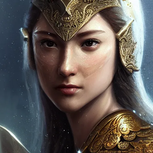 Image similar to A head and shoulders portrait of a mystical female warrior in shiny armorm in an enchanted zen garden, by Artgerm, sci-fi, fantasy, intricate, very very beautiful, elegant, highly detailed, digital painting, artstation, concept art, smooth, sharp focus, Cinematic Lighting, Unreal Engine, 8k, HD