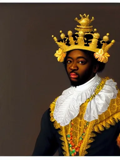 Image similar to rococo painting of a black prince wearing a golden crown with pastel flowers, symmetrical, realistic, 8 k, digital painting, art by kehinde wiley, artem demura