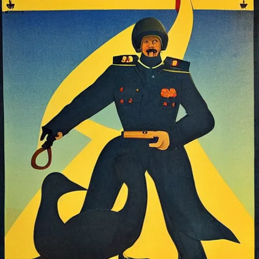 Prompt: soviet propaganda poster depicting a dromaius in military uniform