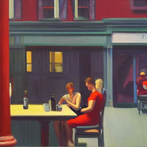 Prompt: a painting of a bar with people sitting inside scrolling on their smartphones in the style of edward hopper