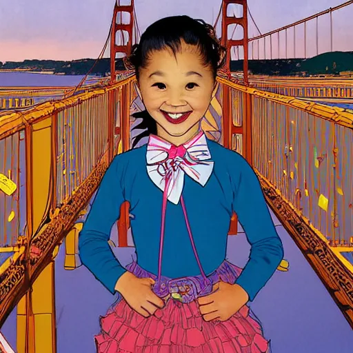 Image similar to a mixed race hapa five - year - old girl, dressed as a ballerina, balancing on the golden gate bridge, smiling into the camera, portrait, wide shot, sunset illustration, pop art, splash painting, art by geof darrow, ashley wood, alphonse mucha