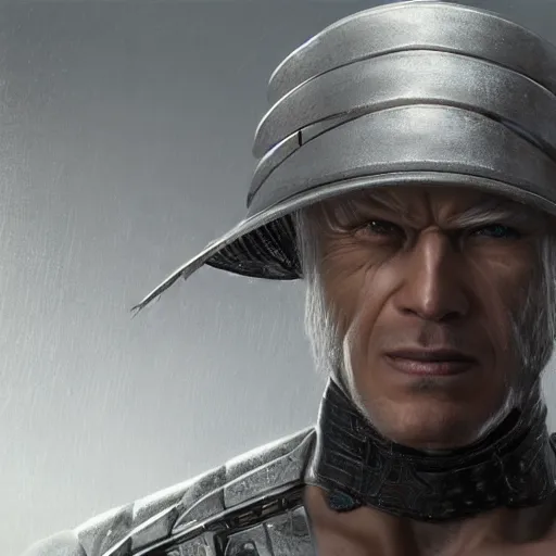 Image similar to hyper realistic, highly detailed hybrid of raiden from mortal kombat, and raiden from metal gear solid wearing a conical rice hat. portrait, stephen bliss, unreal engine, greg rutkowski, beeple global illumination, translucent, sub - surface scattering, detailed and intricate environment