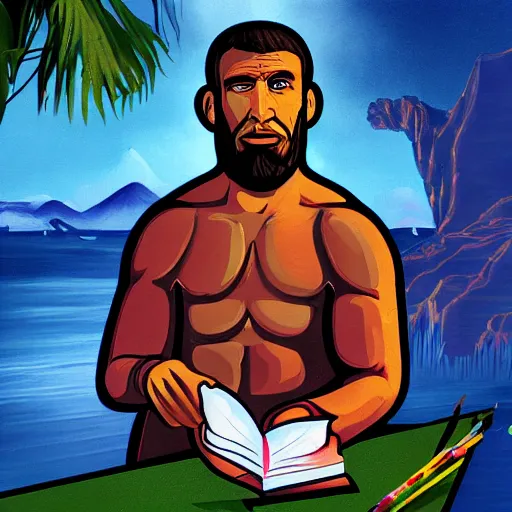 Image similar to an painting with saint homo neanderthalis with book of science on hand, gta chinatown wars art style, hyperrealistic, rgba colors, remove duplicate content, justify contents center.