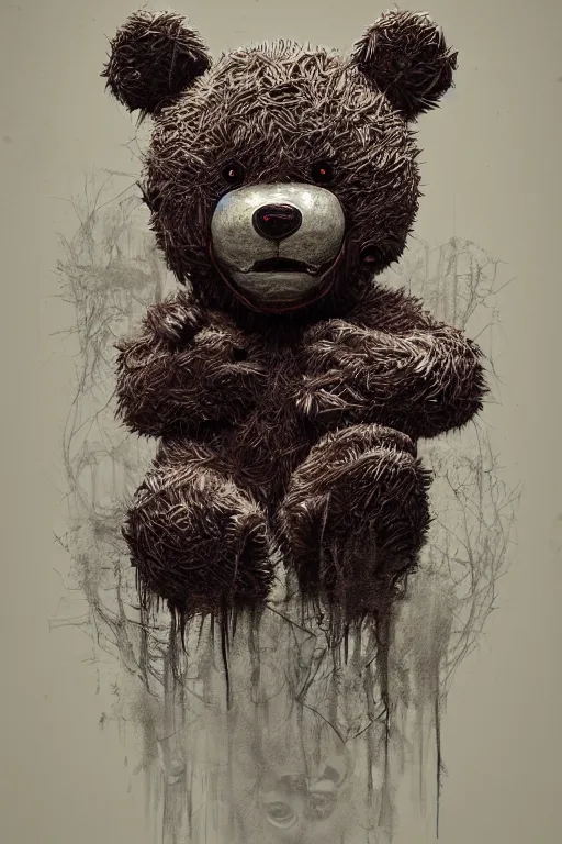 Prompt: portrait of a creepy horror teddy bear . intricate abstract. intricate artwork. nightmare fuel. terrifying. by Tooth Wu, wlop, beeple, dan mumford , trending on artstation, greg rutkowski very coherent symmetrical artwork. cinematic, hyper realism, high detail, octane render, 8k, iridescent accents