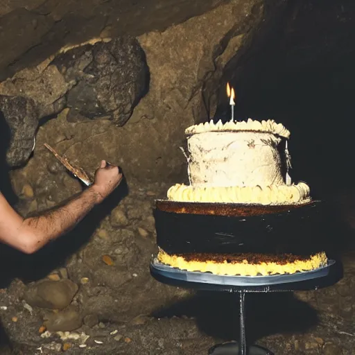 Image similar to an adventurer finding a cake in a dark mysterious cave