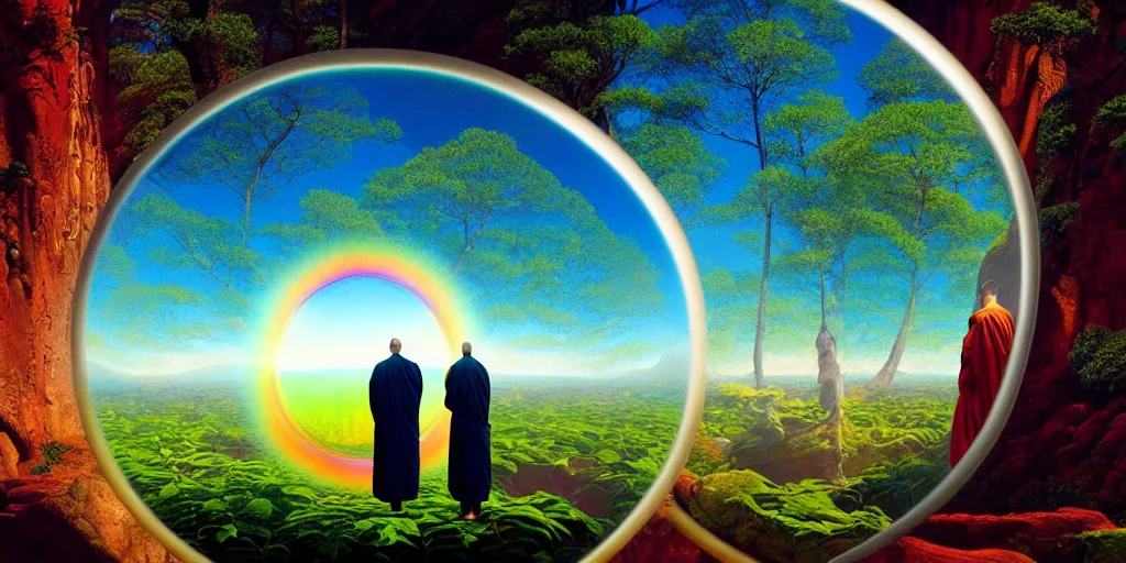 Prompt: neurograph, very very beautiful landscape, an echo a rainbow and a dream, monks praying in a temple forest through a spherical lens, surrealism, intricate, elegant, highly detailed, digital painting, trending on artstation, concept art, sharp focus, by rene magritte, moebius, wide shot