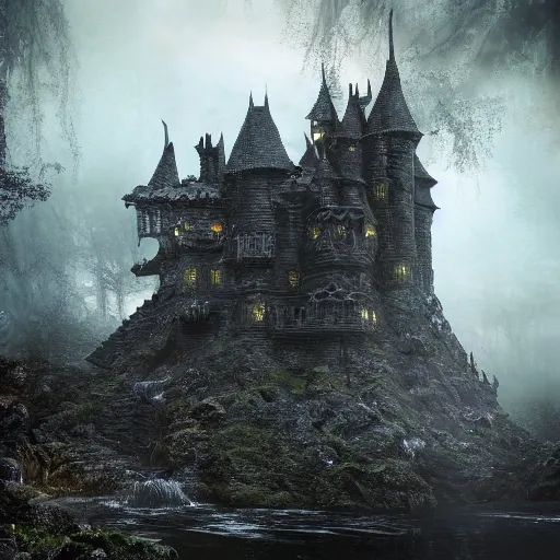 Image similar to full body pose, hyperrealistic photograph of the black castle of rotbog swamp, dim volumetric lighting, 8 k, octane beautifully detailed render, extremely hyper detailed, intricate, epic composition, cinematic lighting, masterpiece, trending on artstation, very very detailed, stunning, hdr, smooth, sharp focus, high resolution, award, winning photo, dslr, 5 0 mm