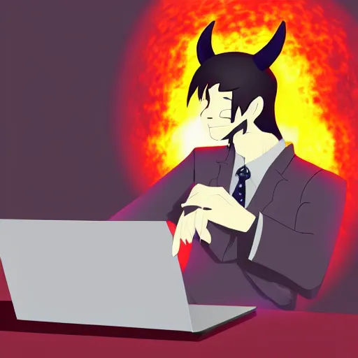 Image similar to a demon programmer gentleman ~ using a laptop ~ evil smile ~ lava background ~ digital art ~ two horns ~