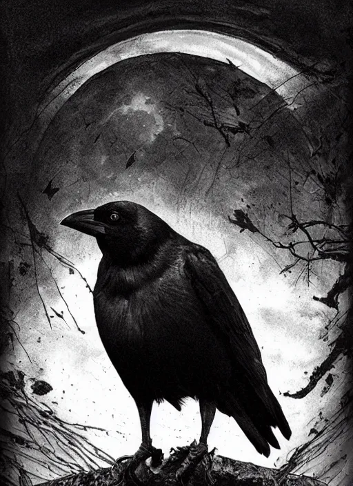 Image similar to portrait, A crow in front of the full big moon, book cover, red white and black colors, establishing shot, extremly high detail, foto realistic, cinematic lighting, pen and ink, intricate line drawings, by Yoshitaka Amano, Ruan Jia, Kentaro Miura, Artgerm, post processed, concept art, artstation, matte painting, style by eddie mendoza, raphael lacoste, alex ross