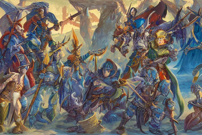 Prompt: dungeons and dragons fantasy painting, close order phalanx of parrot sorcerers, 3 0 0, whimsical and cute, determined expressions, watery blue eyes, anime inspired, steel axes, dawn lighting, at the beach