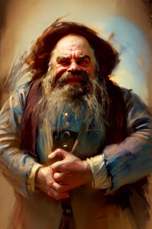 Image similar to soft colorsphotograph imax and solomon joseph solomon and richard schmid and jeremy lipking victorian loose genre loose painting full length portrait painting of grumpy the dwarf disney