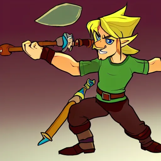 Prompt: a cartoon version of Link, fighting a Bokoblin