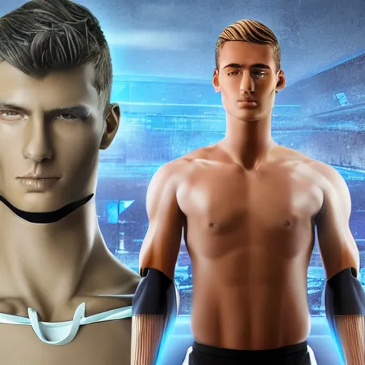 Image similar to a realistic detailed photo of a guy who is an attractive humanoid who is half robot and half humanoid, who is a male android, attractive and handsome soccer players, shiny skin, posing like a statue, blank stare, in a factory, on display, showing off his muscles, wearing soccer shorts, side view, looking at each other mindlessly