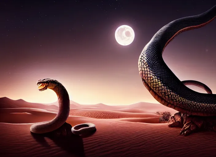 Image similar to giant snake on a moonlit desert, fantasy, d & d, art by artgerm and greg rutkowski, cinematic shot, intricate, ornate, photorealistic, ultra detailed, trending artstaition, realistic, 1 0 0 mm, photography, octane, high definition, depth of field, bokeh, 8 k