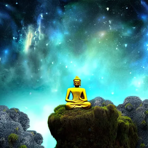 Image similar to a dreamy buddha meditating in a cave and overlooking a vast plain, mossy rocks, a sky full of stars background, 4 k, hyper realistic, in he style of national geographic, coherent design, symmetrical, vivid colour, complementary colour, golden ratio, detailed, sharp lines, intricate, rainbow shift, in unreal 3 d engine, ray tracing, octane render