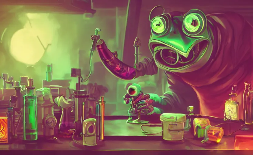 Prompt: an evil cyberpunk frog doctor making a poisonous drink in his alchemist laboratory, synthwave art trending on artstation