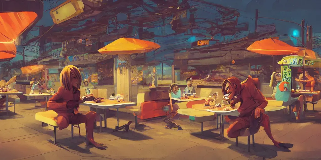 Image similar to cartoonish iggy pop having breakfast at the drive inn, vivid colors, character sheet, fine details, concept design, contrast, kim jung gi, greg rutkowski, trending on artstation, 8 k, full body, turnaround, front view, back view, ultra wide angle