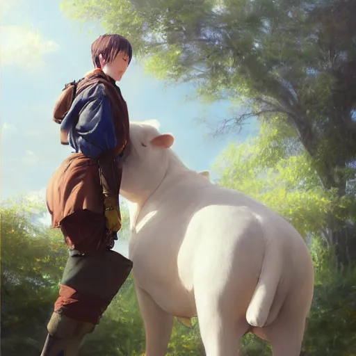 Image similar to a person hugging a large white animal, a detailed painting by krenz cushart, pixiv contest winner, fantasy art, official art, detailed painting, pixiv. highly detailed. 4 k masterpiece. photo realistic. realism. photorealism wideshot