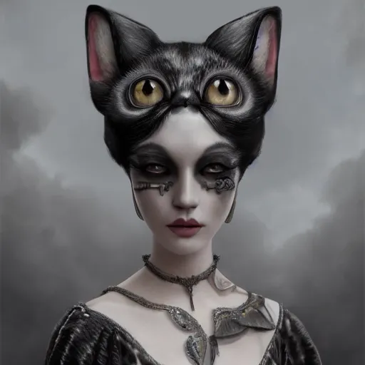 Image similar to picture generation, soft painting curiosities carnival, beautiful female anthropomorphic cat head in full long dress, accurate features, focus, very intricate ultrafine details, black white purple volumetric clouds, award winning masterpiece, octane render 8 k hd, tom bagshaw artstyle