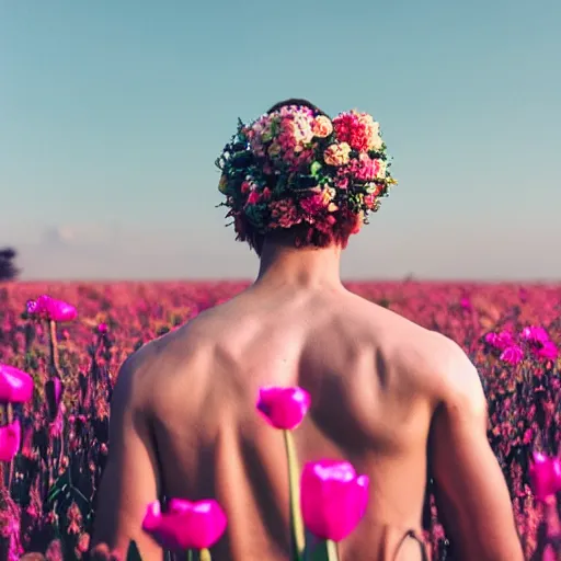 Prompt: revolog kolor photograph of a skinny blonde guy standing in a field of flowers, flower crown, back view, grain, moody lighting, telephoto, 9 0 s vibe, blurry background, vaporwave colors!, faded!,