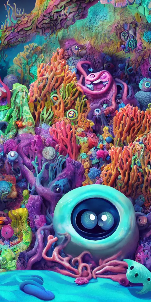 Image similar to of a colorful deep sea cave with strange cute friendly happy creatures with huge eyes, mouth, long tongue and round teeth appearing from sandy coral, in the style of gehry and gaudi, macro lens, shallow depth of field, ultra detailed, digital painting, trending artstation, concept art, illustration, cinematic lighting, photorealism, epic, octane render