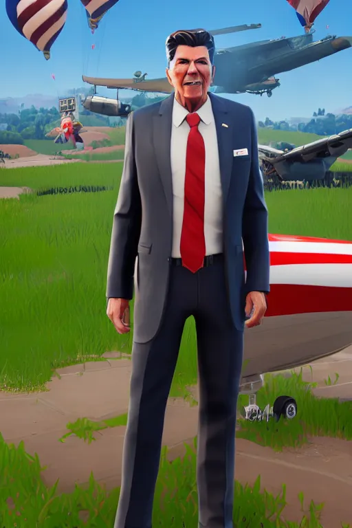 Image similar to middle aged ronald reagan, american super patriot, full body, fortnite character, unreal engine. 4 k, highly detailed