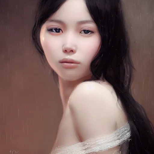 Prompt: Asian girl, watery black eyes, long wavy black hair, white veil, front closeup, highly detailed, centered, oil painting, artstation, professional portrait by WLOP