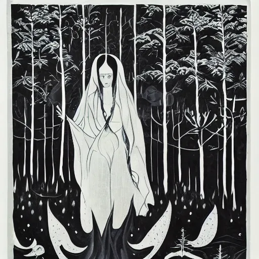 Prompt: beautiful woman with her eyes closed, close - up face, walking in the forest at night. full moon. folk horror. hyper detailed. soviet art propaganda