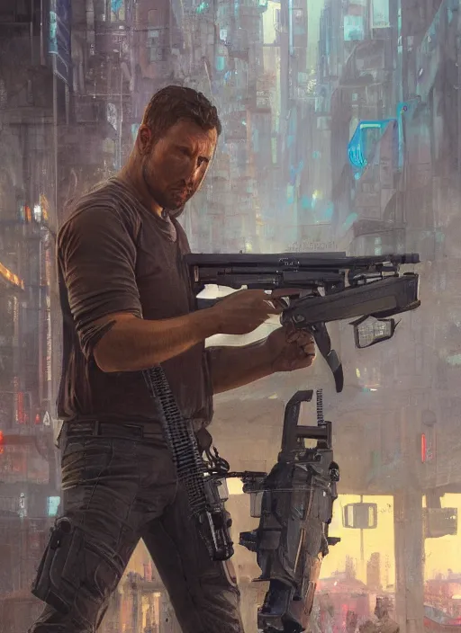 Image similar to salesman demonstrating belt fed automatic pistol armalite m 2 1 1 1. blade runner 2 0 4 9 concept painting. epic painting by james gurney, azamat khairov, and alphonso mucha. artstationhq. painting with vivid color. ( rb 6 s, cyberpunk 2 0 7 7 )