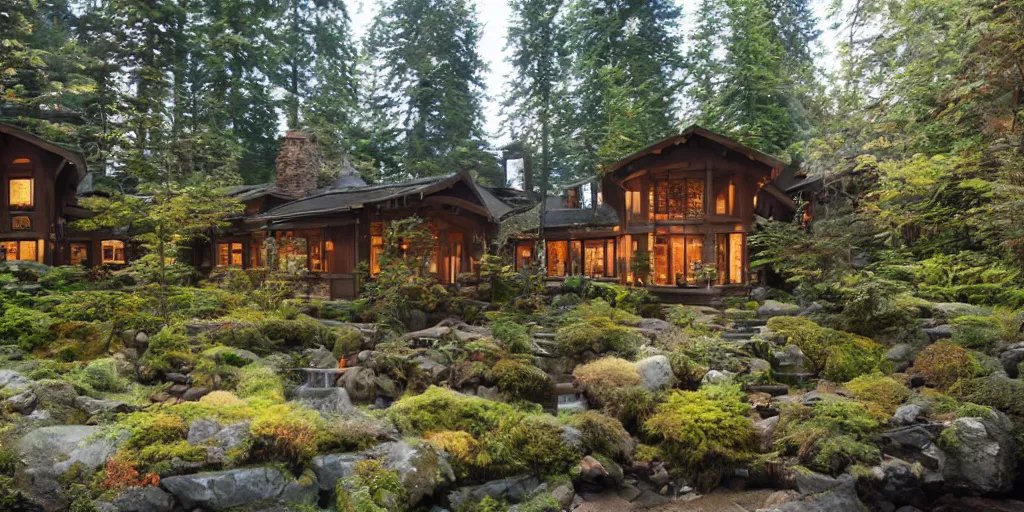 Image similar to residence in the style of rivendell, pacific northwest