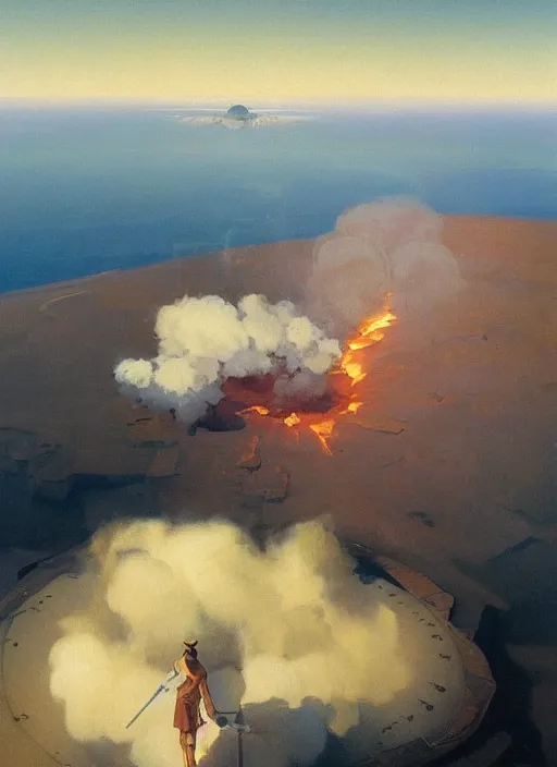 Prompt: overhead view of a huge smoking impact crater, extremely detailed oil painting, rhads, sargent and leyendecker, savrasov levitan polenov, bruce pennington, studio ghibli, tim hildebrandt, digital art, landscape painting, trending on artstation, masterpiece