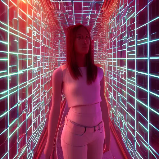 Image similar to chromatic cyborg female discovering her own consciousness in a mirror maze (Unreal Engine, 3D, Reflections, Glossy, Hyer-Realistic, Futuristic, Noise, Gradient)