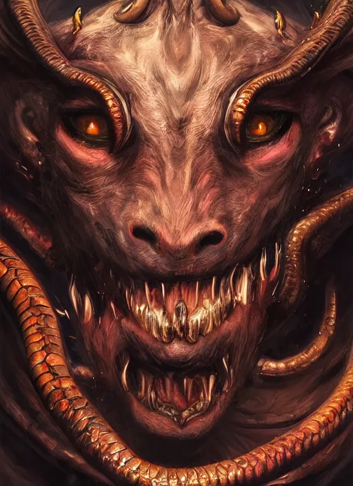 Prompt: hellish demon with gold fangs and twisted horns, close up, goat eyes and snake scales, hairy beast, sinister portrait, highly detailed, digital painting, artstation, concept art, matte, sharp focus, illustration, dramatic, cinematic sunset, hearthstone, art by artgerm and greg rutkowski and alphonse mucha