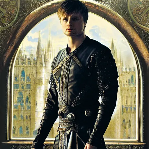 Prompt: attractive bradley james as king arthur pendragon, whole body in frame, throne room, natural lighting, path traced, highly detailed, high quality, digital painting, by gaston bussiere, craig mullins, alphonse mucha j. c. leyendecker