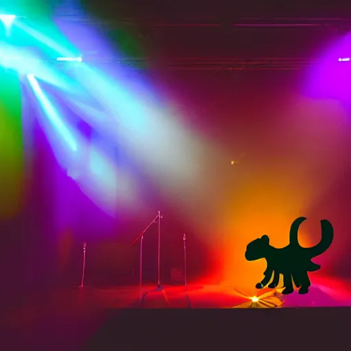 Image similar to Barney the Dinosaur leads a modern worship service, backlit, dramatic stage lighting, fog, neon cross