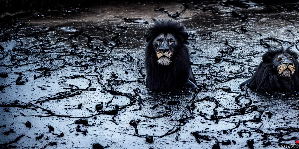 Prompt: the smooth black lion pack, made of smooth black goo, bathing in the black goo moat in the zoo exhibit, viscous, sticky, full of black goo, covered with black goo, splattered black goo, dripping black goo, dripping goo, splattered goo, sticky black goo. photography, dslr, reflections, black goo, zoo, exhibit